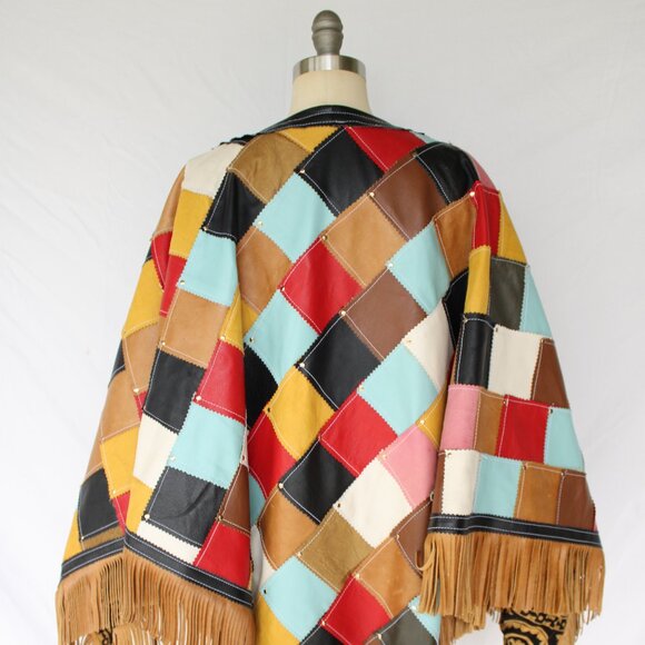 Hand Crafted vintage Leather poncho cape Jacket patchwork studded fringe coat - Picture 10 of 11